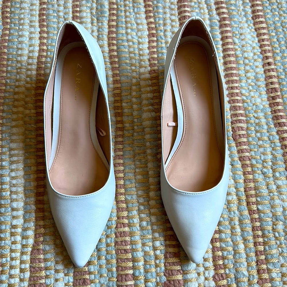 Zara White Leather Block Heel Pumps Gem